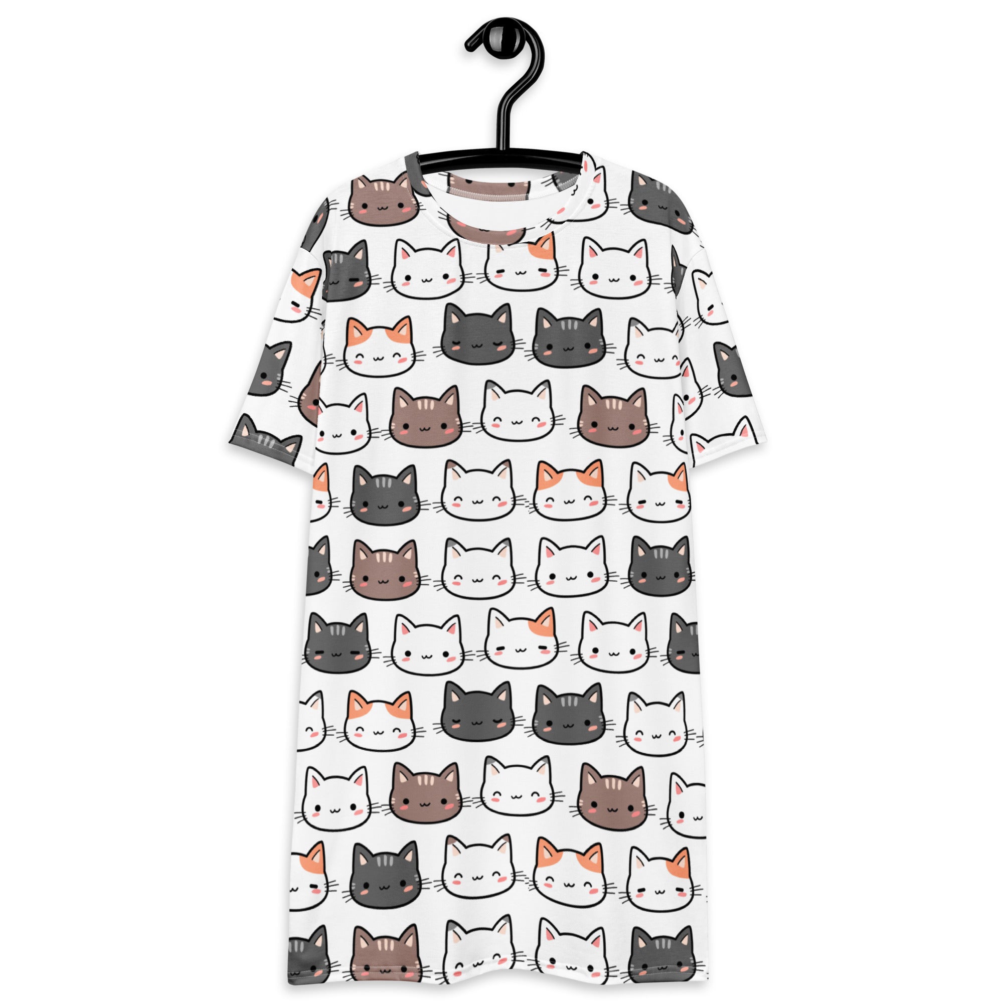White short-sleeved women’s cute cat t-shirt dress with playful multicolor cartoon cat face pattern