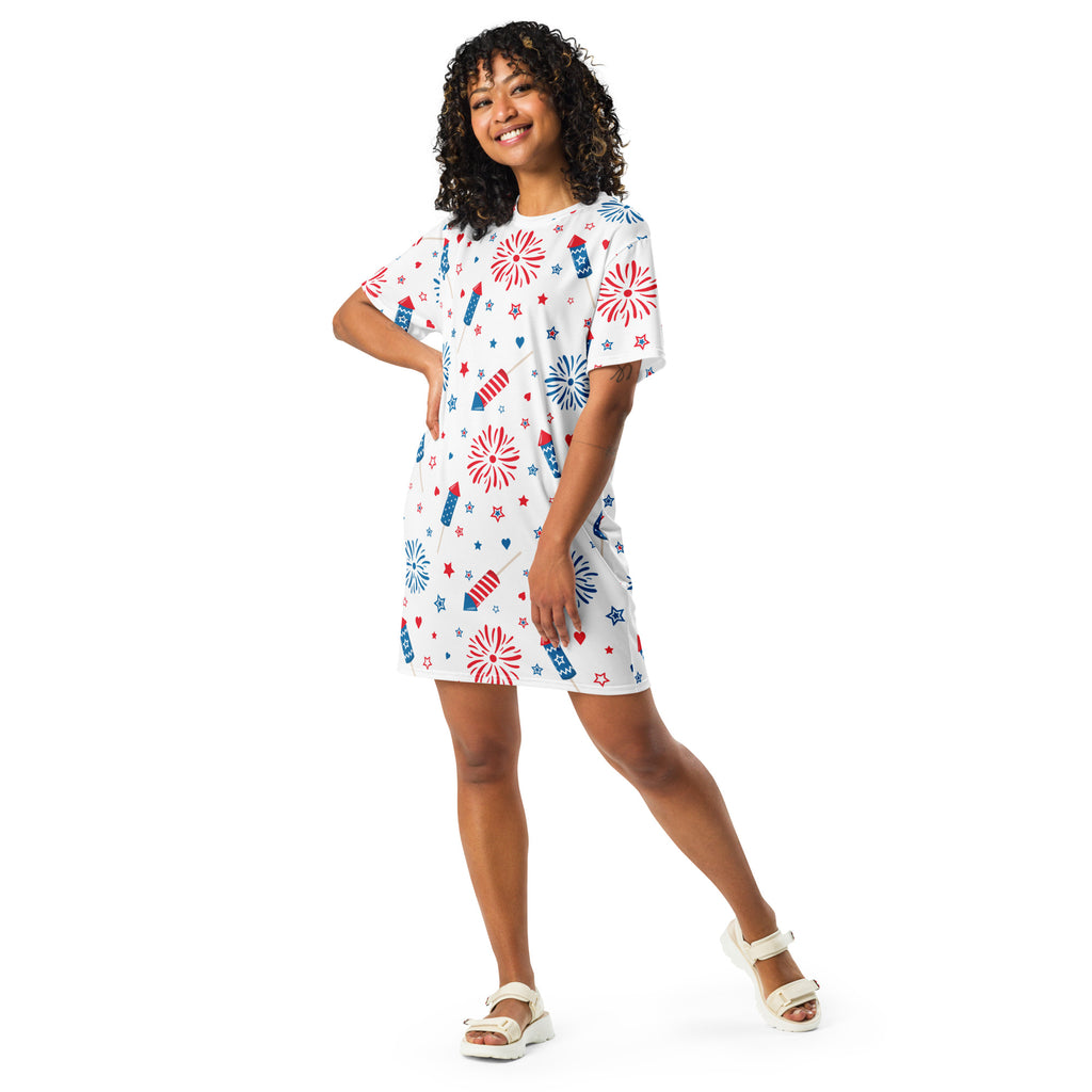 White short-sleeved t-shirt dress with red and blue fireworks and star patterns for women’s patriotic wear