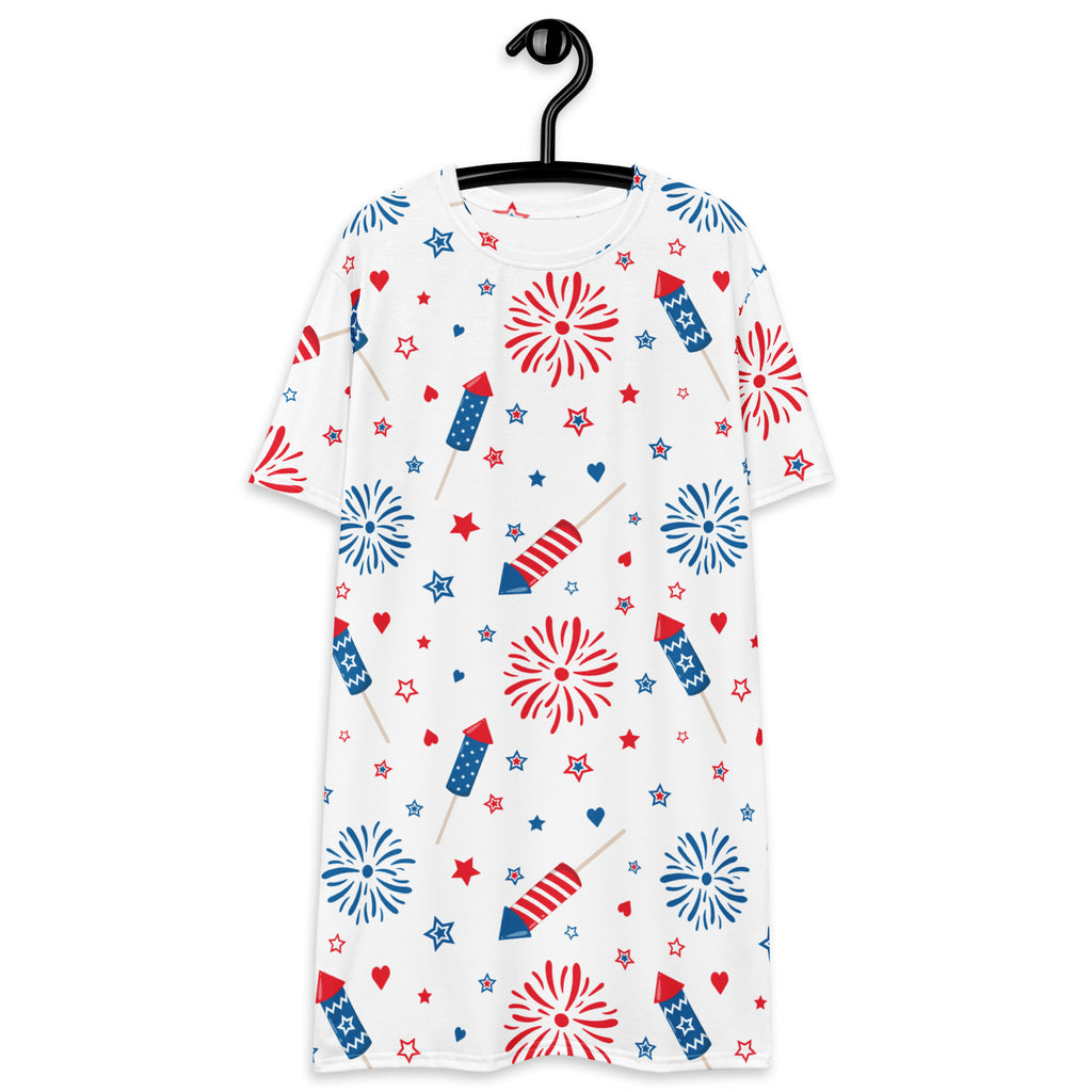 Women’s white short-sleeved t-shirt dress with red and blue patriotic fireworks star and rocket pattern