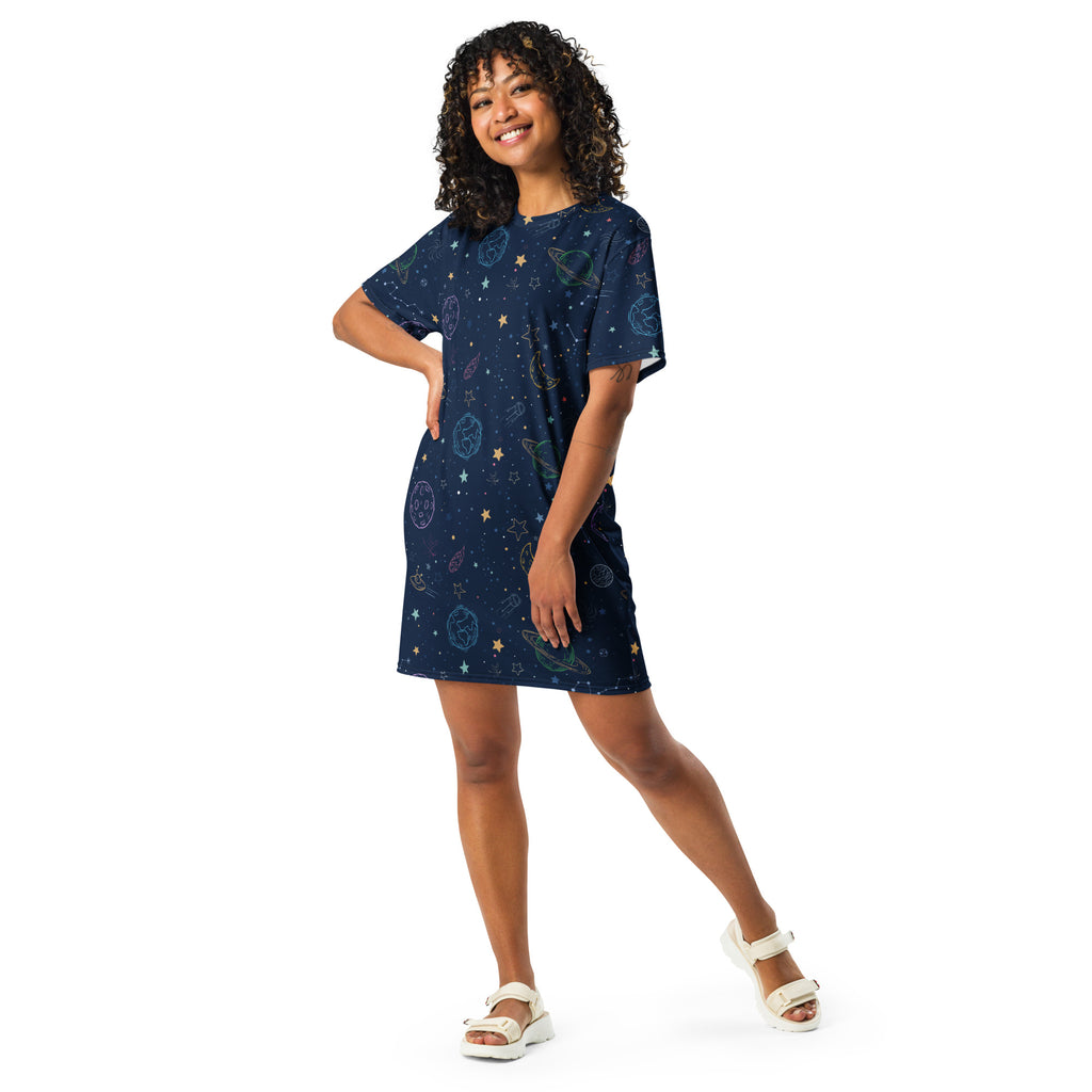 Women’s colorful galaxy space navy blue short-sleeved t-shirt dress with gold and white celestial print