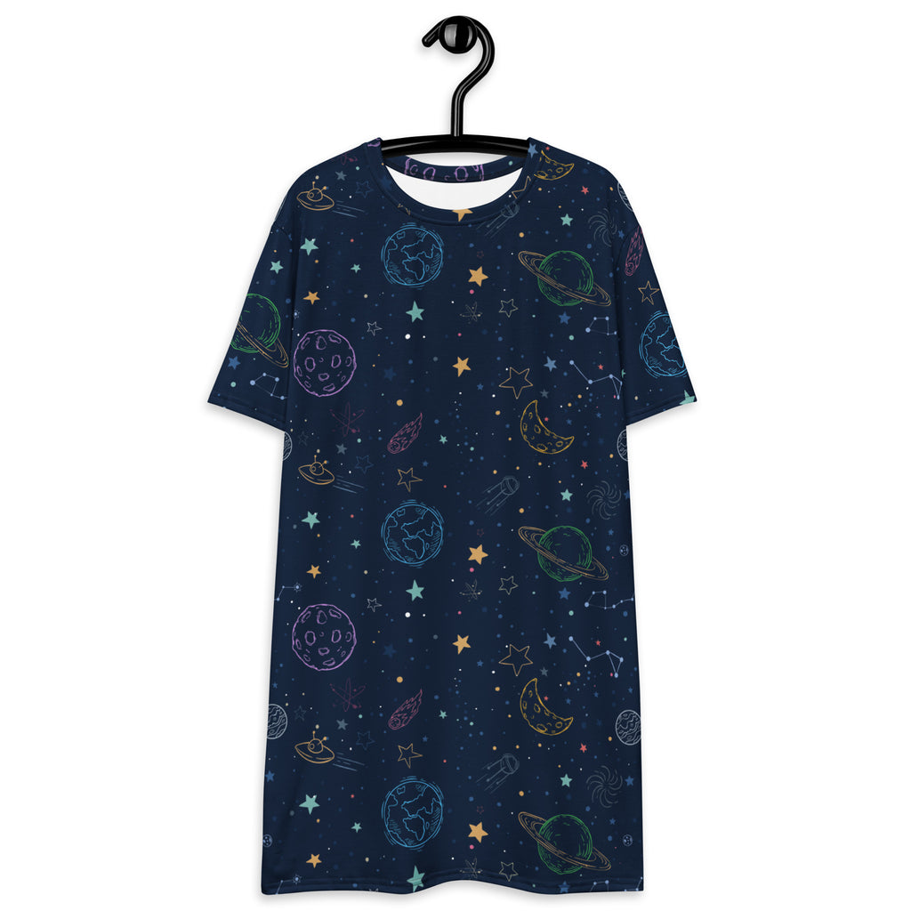 Women’s colorful galaxy space t-shirt dress in navy blue with whimsical pastel planets stars moons and rockets print