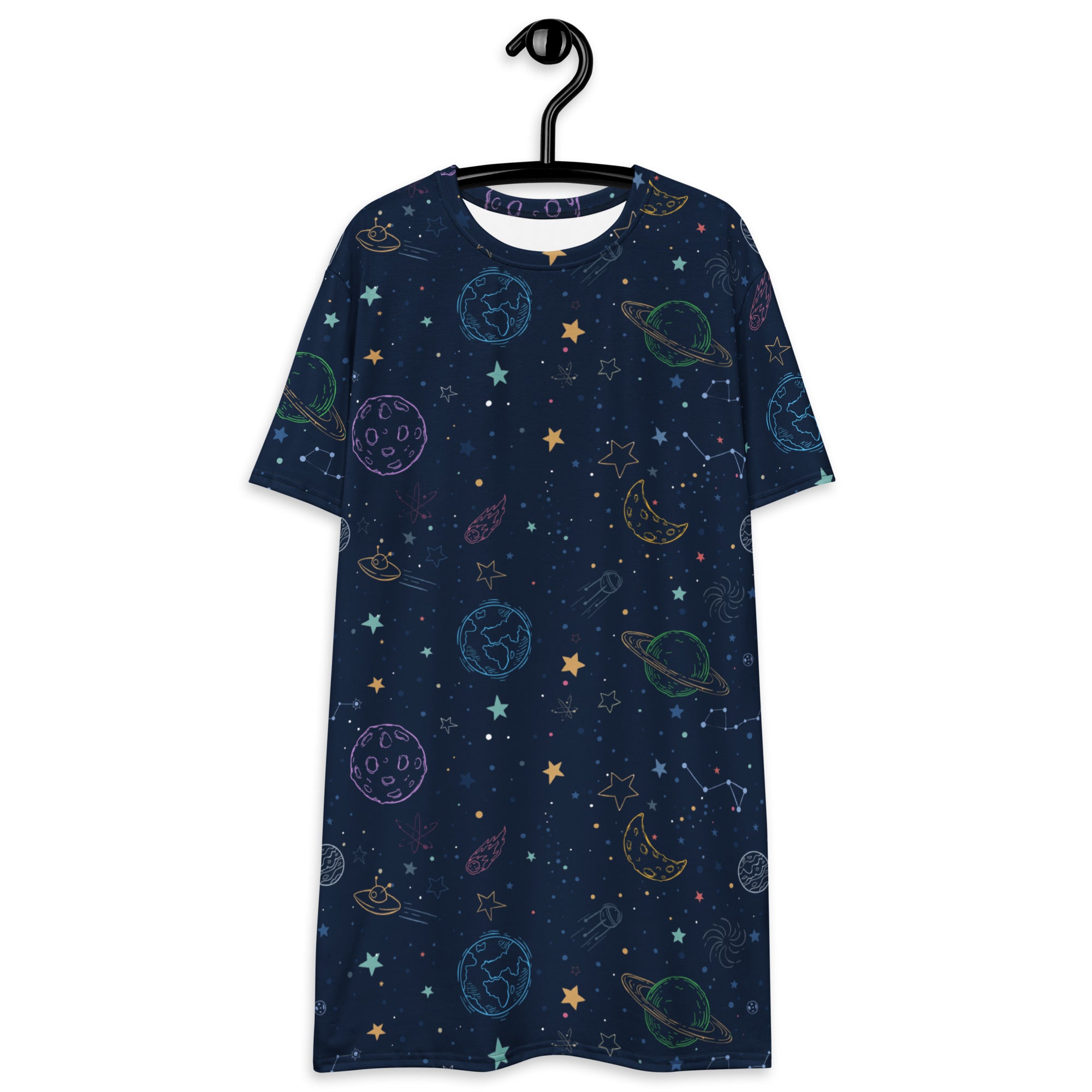 Women’s colorful galaxy space t-shirt dress in navy blue with whimsical pastel planets stars moons and rockets print
