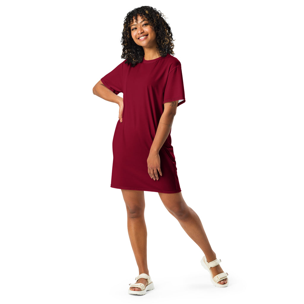 Women’s burgundy t-shirt dress with short sleeves relaxed fit and round neckline perfect for casual wear