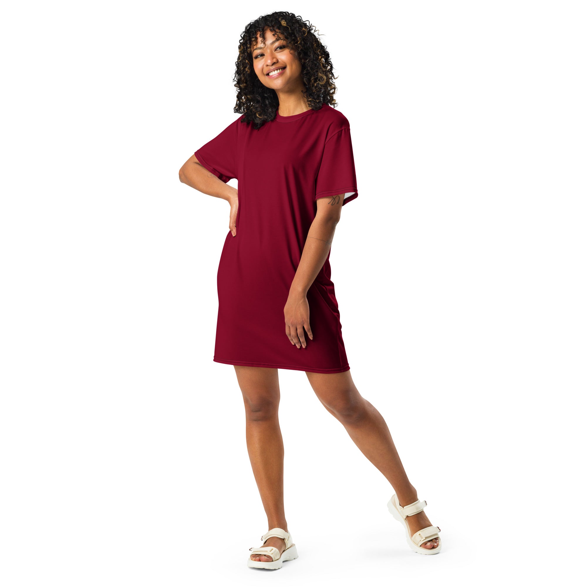 Women’s burgundy t-shirt dress with short sleeves relaxed fit and round neckline perfect for casual wear