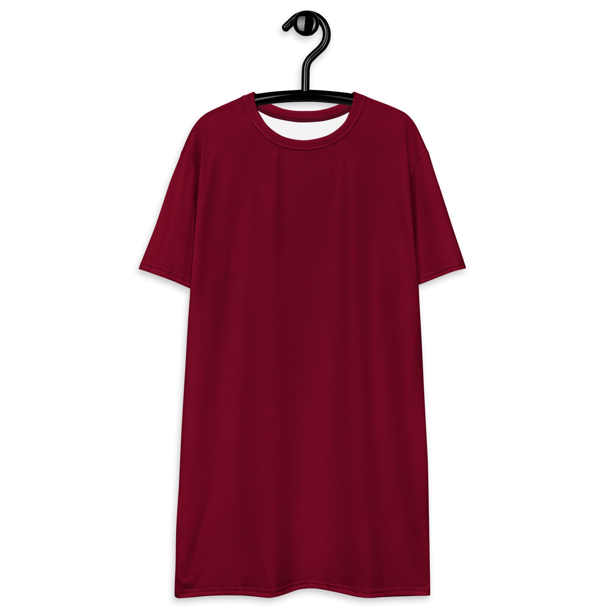 Women’s burgundy t-shirt dress with short sleeves, white inner lining, round neckline, hanging on black hanger
