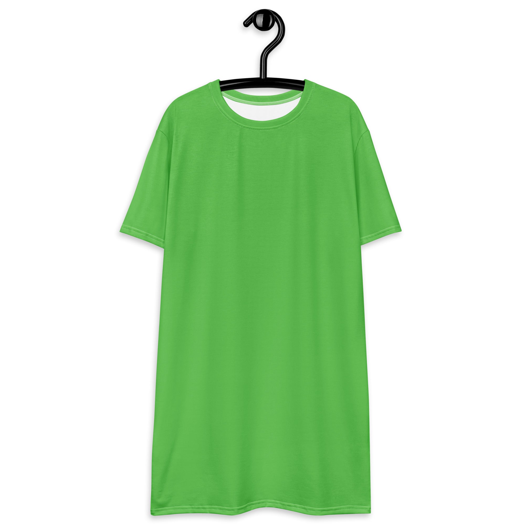 Women’s green short-sleeved t-shirt dress with white inner lining and round neckline hanging on black hanger
