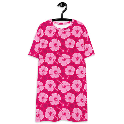 Women's Tropical Pink Hibiscus T-Shirt Dress