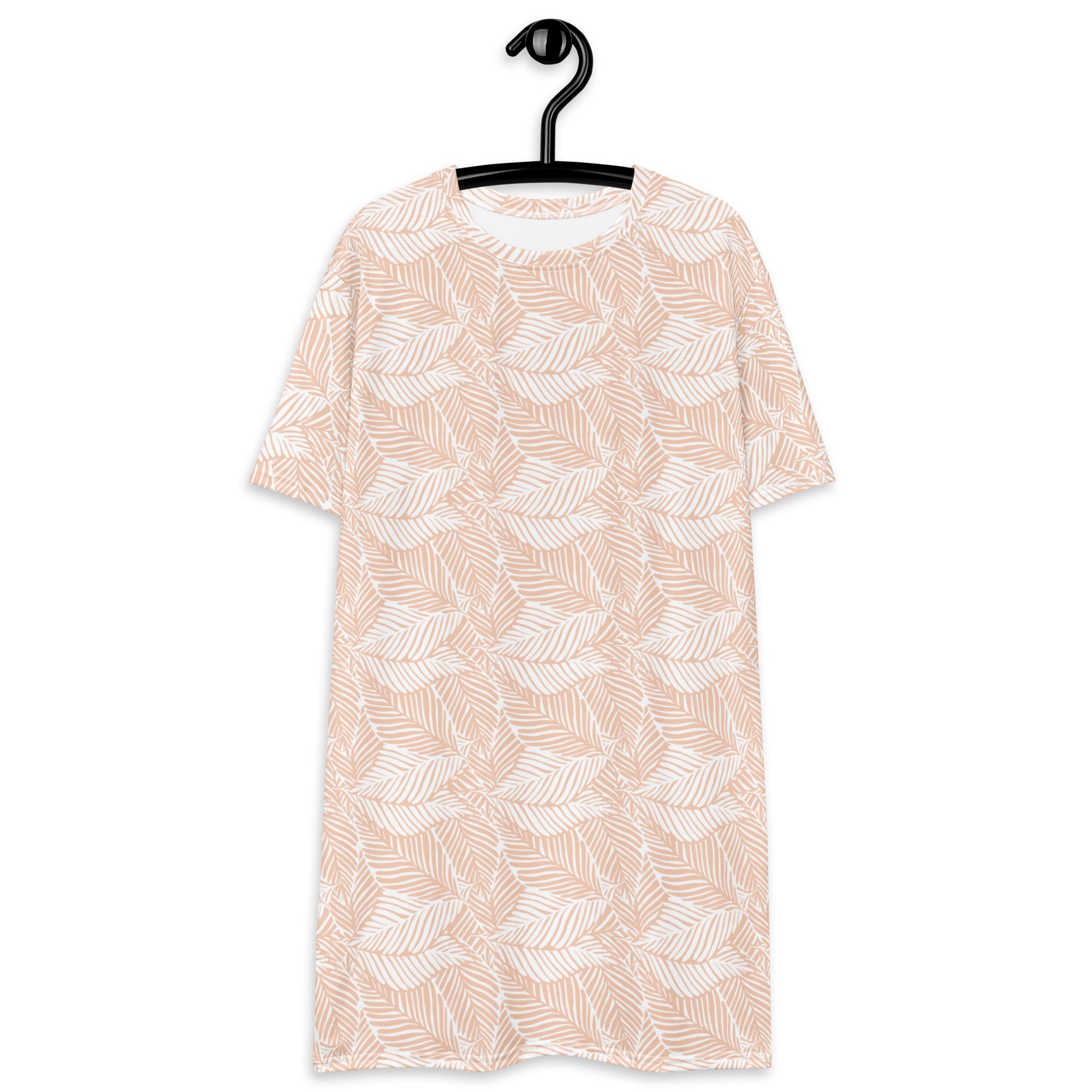 Women’s beige palm leaf t-shirt dress in soft blush with short sleeves and delicate leaf pattern across fabric