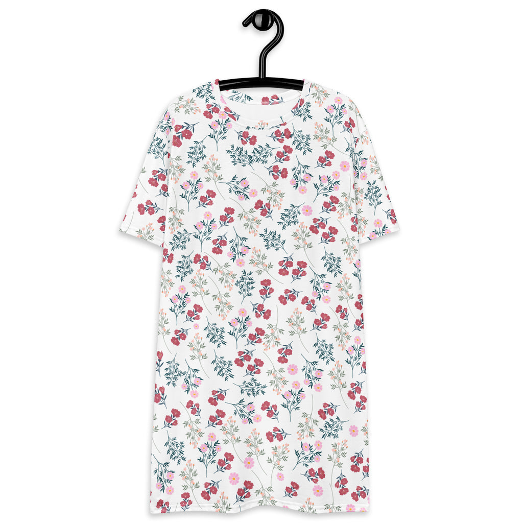 Women’s white floral t-shirt dress with short sleeves round neckline soft cotton fabric and pink red blossoms