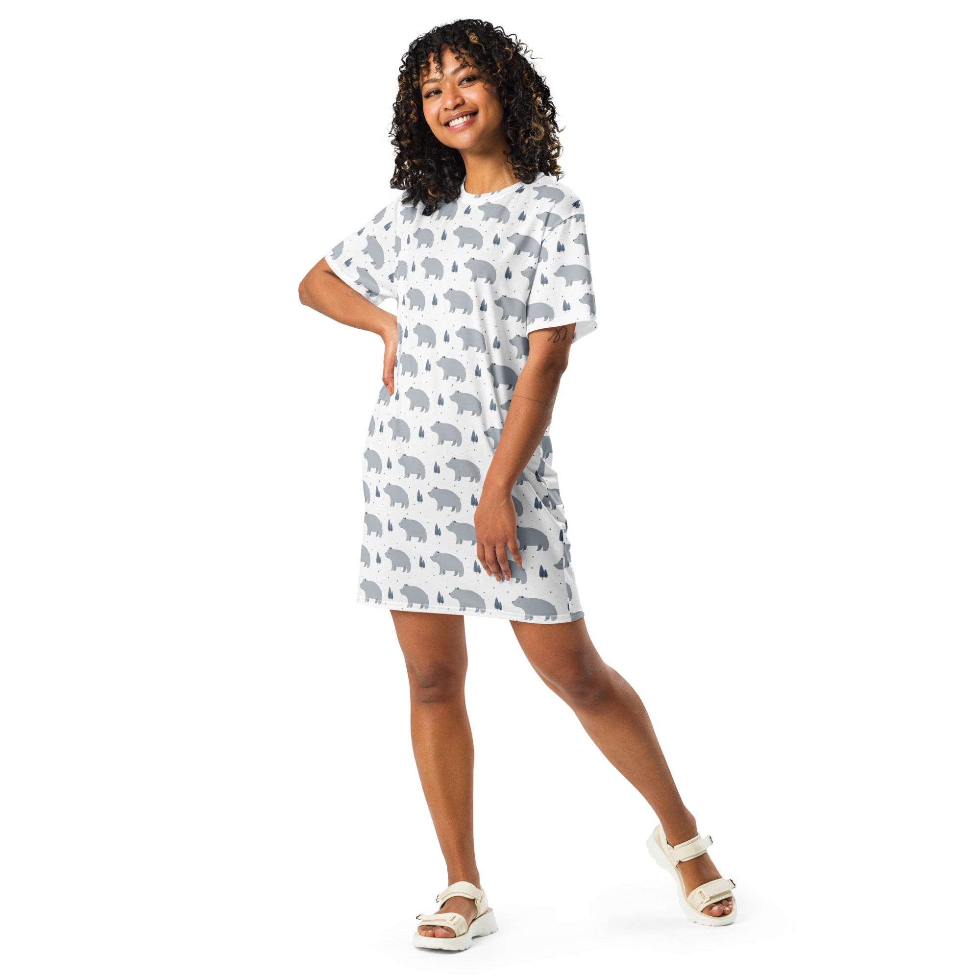 White short-sleeved t-shirt dress with gray bear and tree print perfect for casual wear