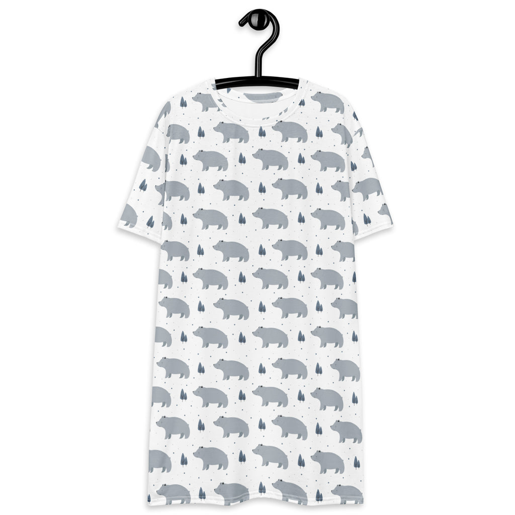 White short-sleeved women’s t-shirt dress with a gray bear and tree print pattern in a soft fabric