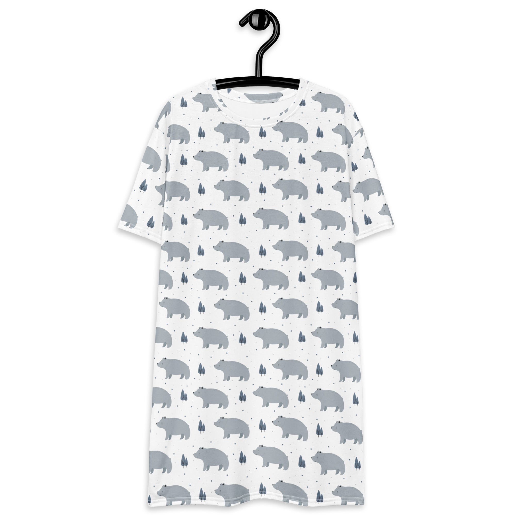 White short-sleeved women’s t-shirt dress with a gray bear and tree print pattern in a soft fabric