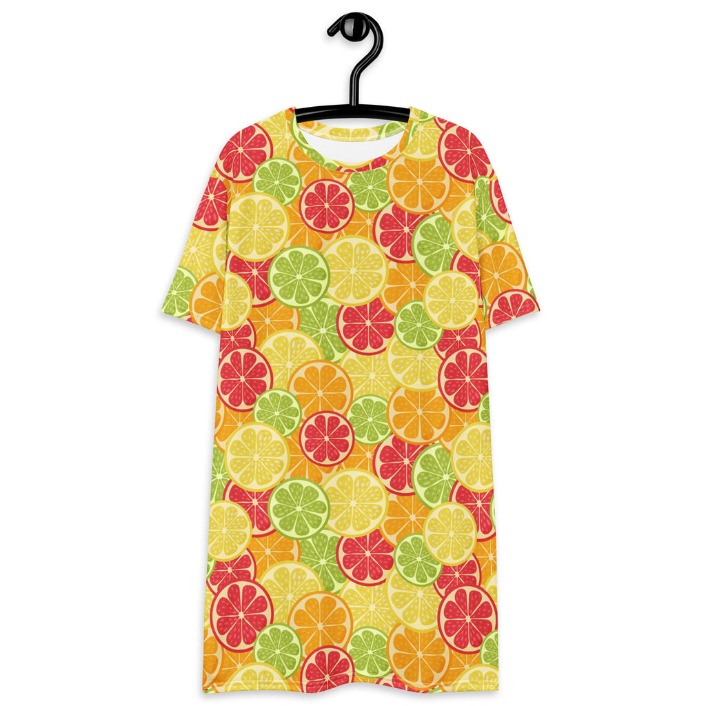 Women’s citrus fruit t-shirt dress in bright yellow with sliced lemon lime and grapefruit pattern short sleeves