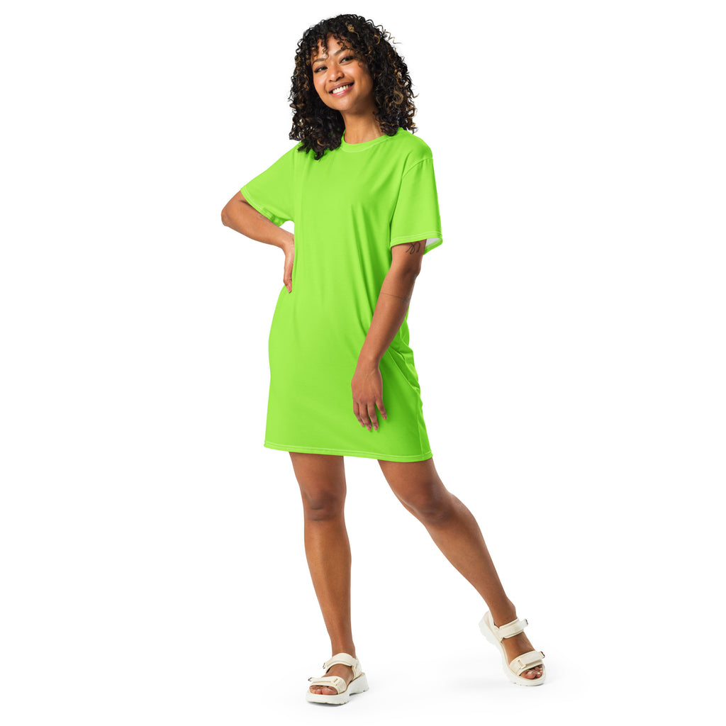 A vibrant neon green women’s short-sleeved t-shirt dress with a relaxed fit perfect for casual wear