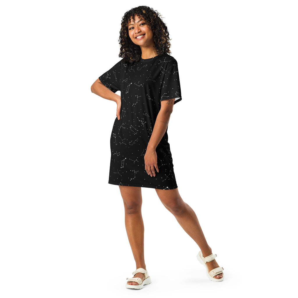 Women’s black short-sleeved t-shirt dress with realistic celestial constellation print for casual wear