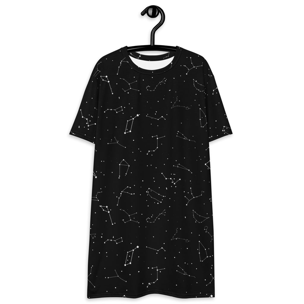 Women’s black short-sleeved t-shirt dress with realistic white constellation print suitable for casual wear