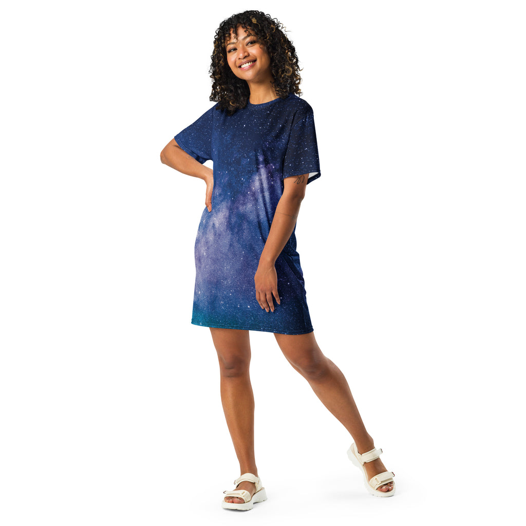 Women’s realistic galaxy t-shirt dress in navy blue with teal gradient hem, short sleeves, and oversized fit