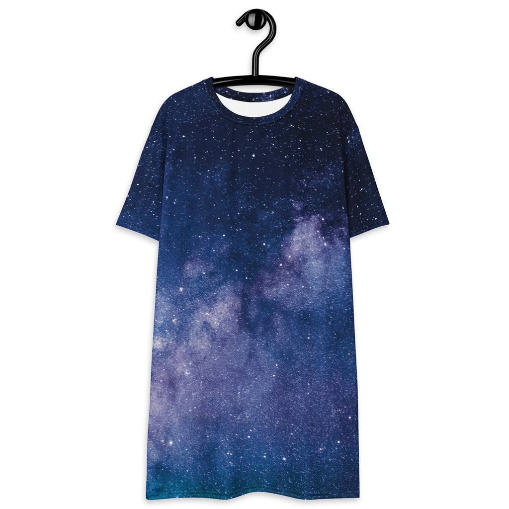 Women’s realistic galaxy t-shirt dress in navy blue and purple with a starry night sky print and short sleeves