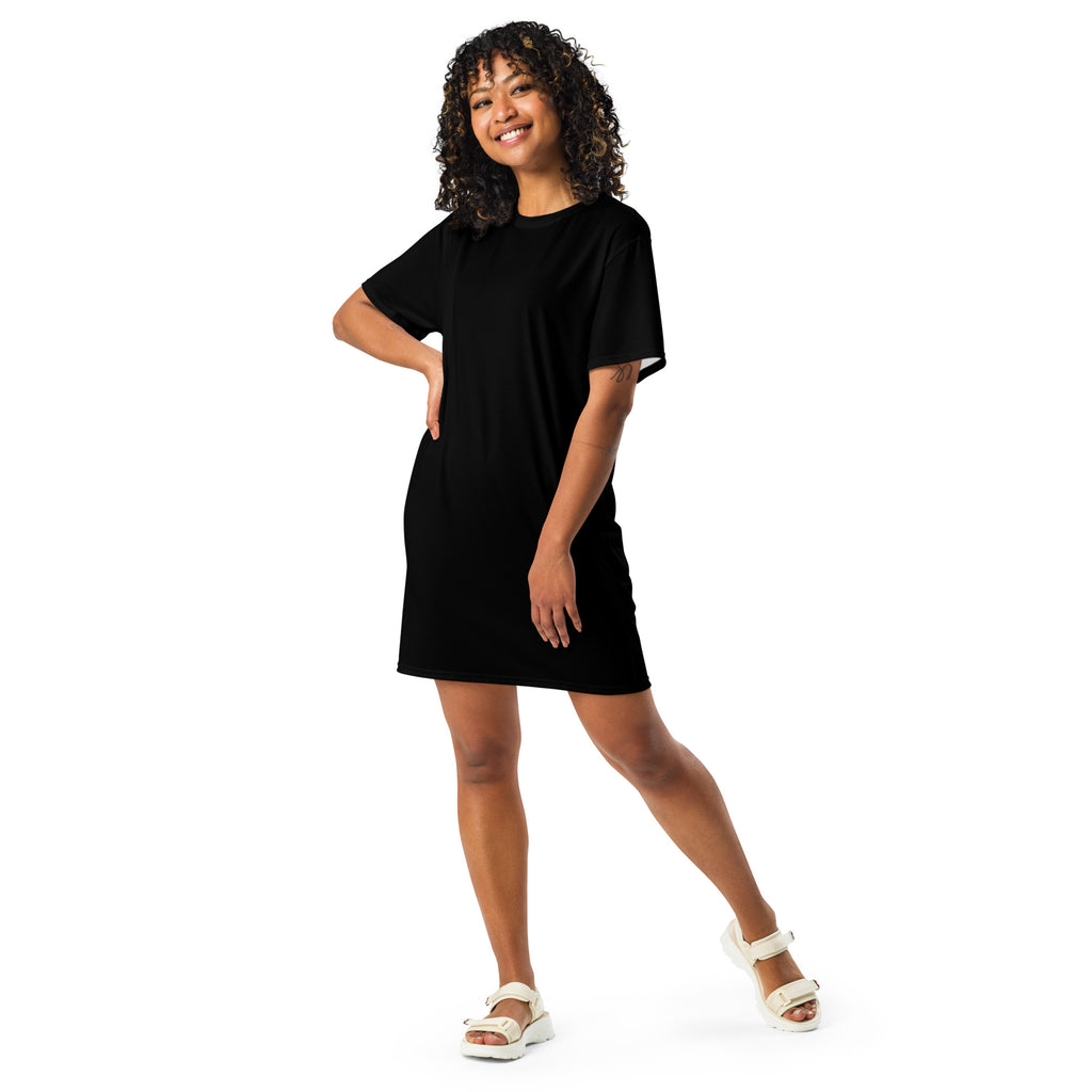 Women’s black t-shirt dress with short sleeves made from soft breathable fabric for casual wear