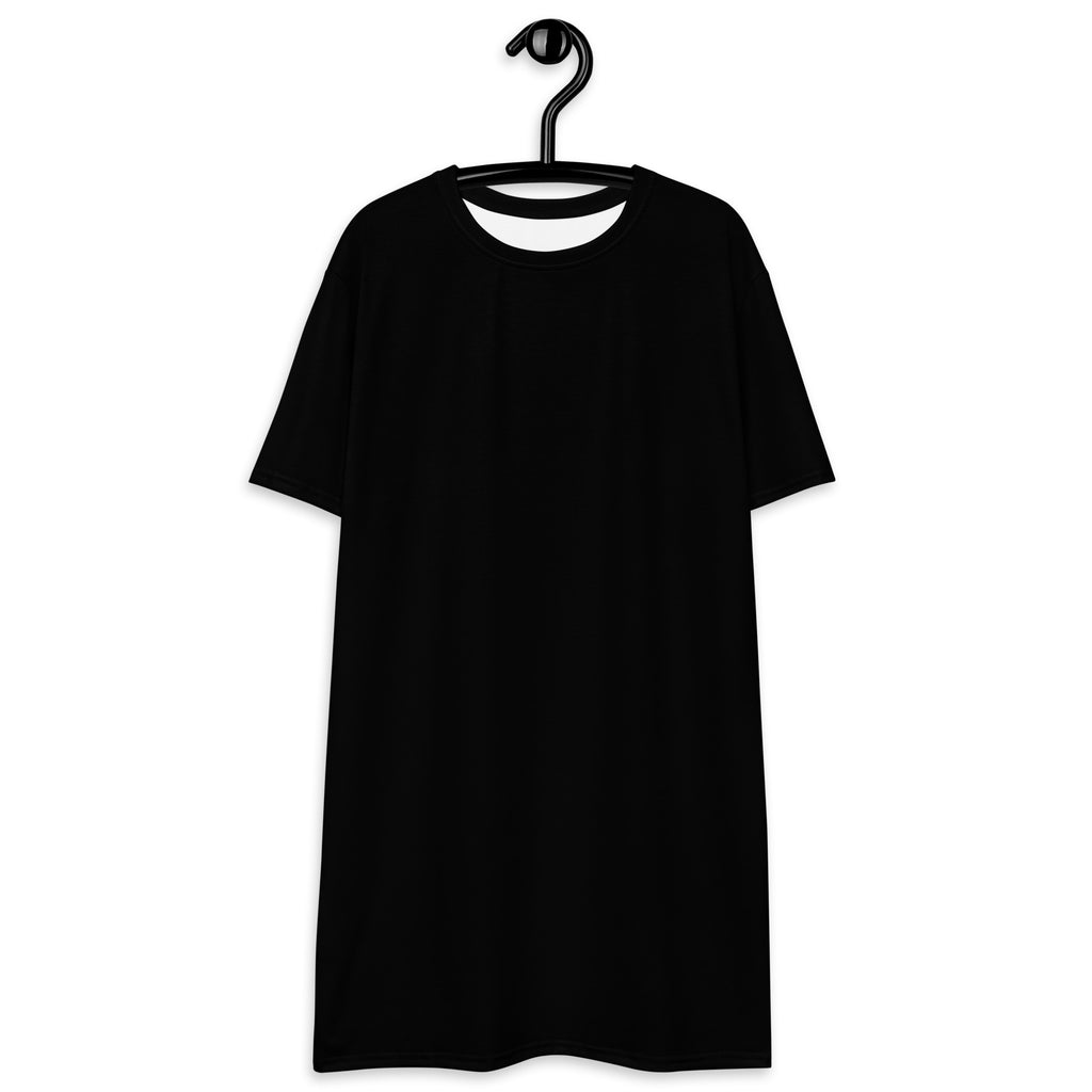 Women’s black t-shirt dress with short sleeves and a simple round neckline hanging on a black hanger