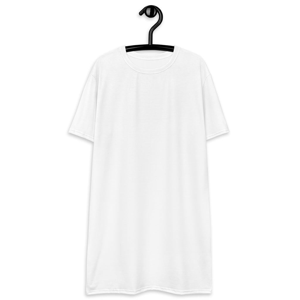Women’s white t-shirt dress made of cotton with a classic crew neck and short sleeves hanging on a black hanger