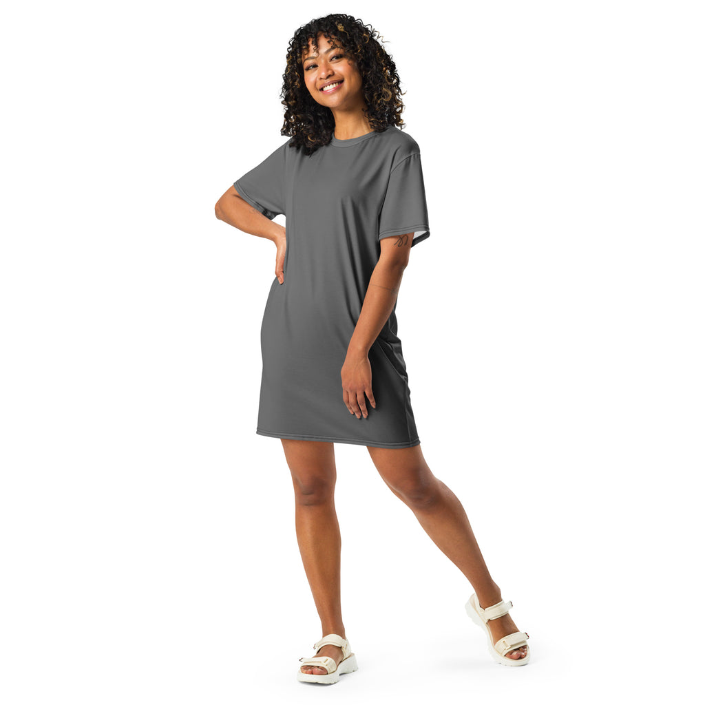 Women’s gray t-shirt dress with soft slate-gray fabric short sleeves relaxed fit and rounded neckline