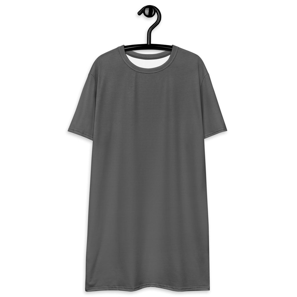 Women’s gray short-sleeved crew neck t-shirt dress hanging on a black hanger for casual wear