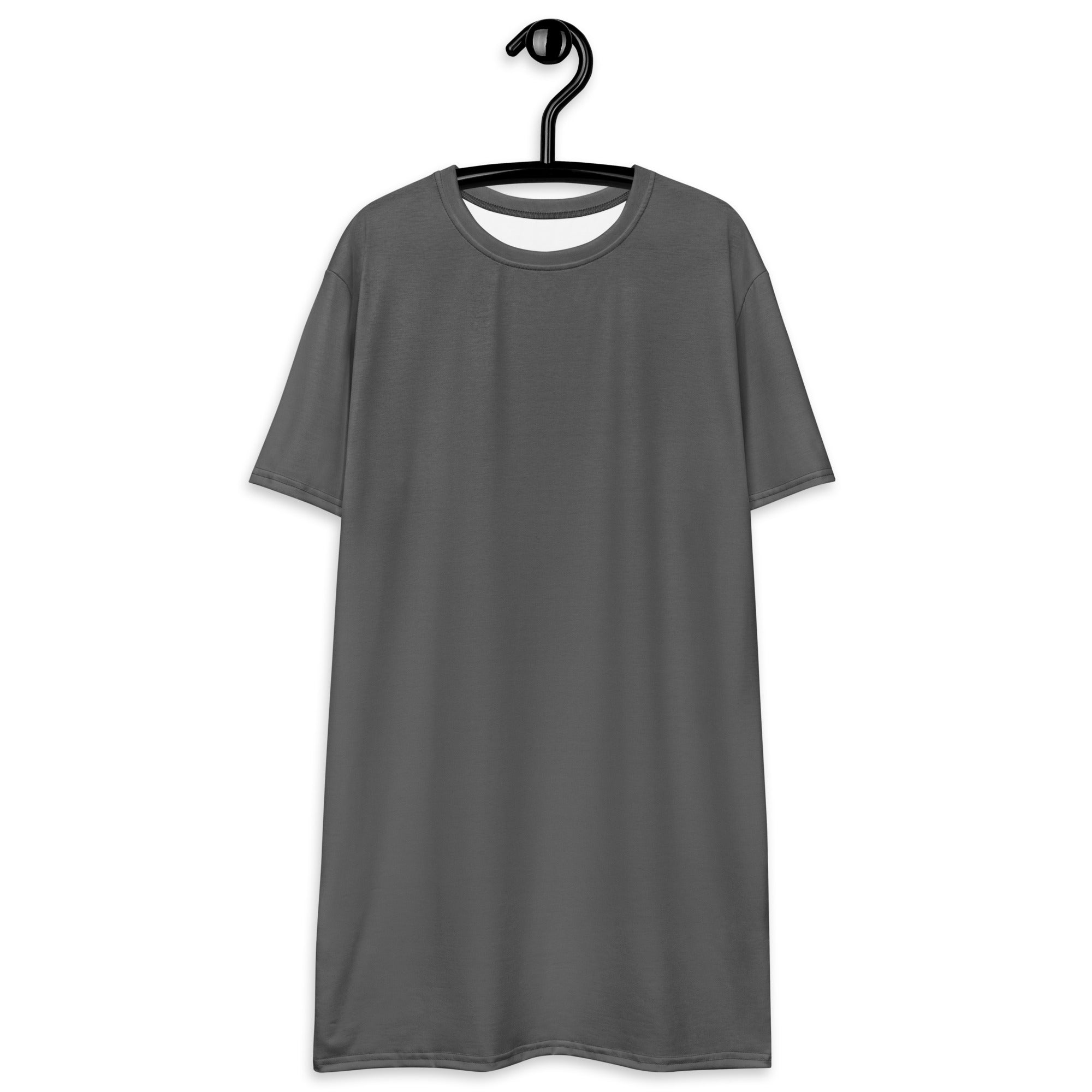 Women’s gray short-sleeved crew neck t-shirt dress hanging on a black hanger for casual wear