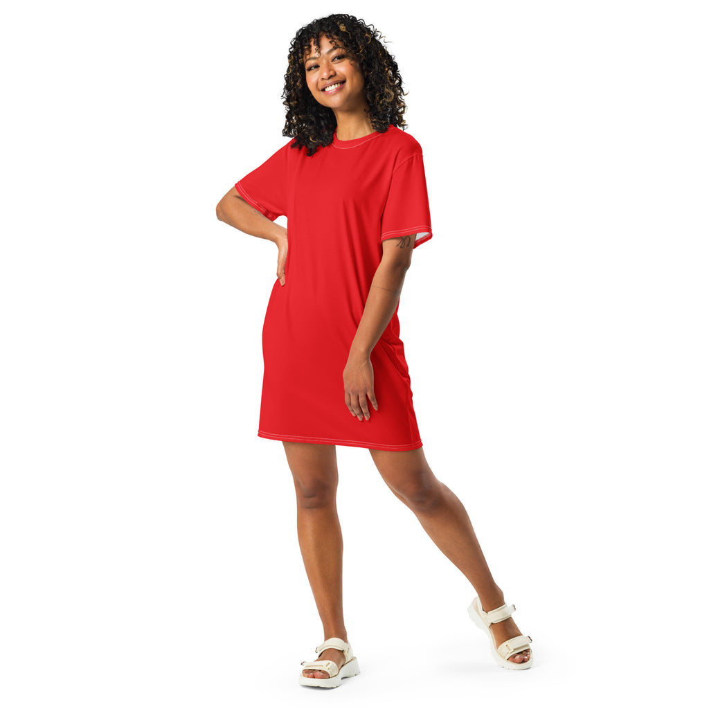 A vibrant red women’s t-shirt dress with a relaxed fit short sleeves and a simple round neckline