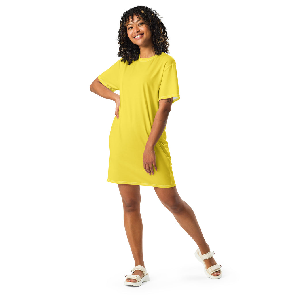 A vibrant yellow short-sleeved t-shirt dress with a relaxed fit and rounded neckline for women