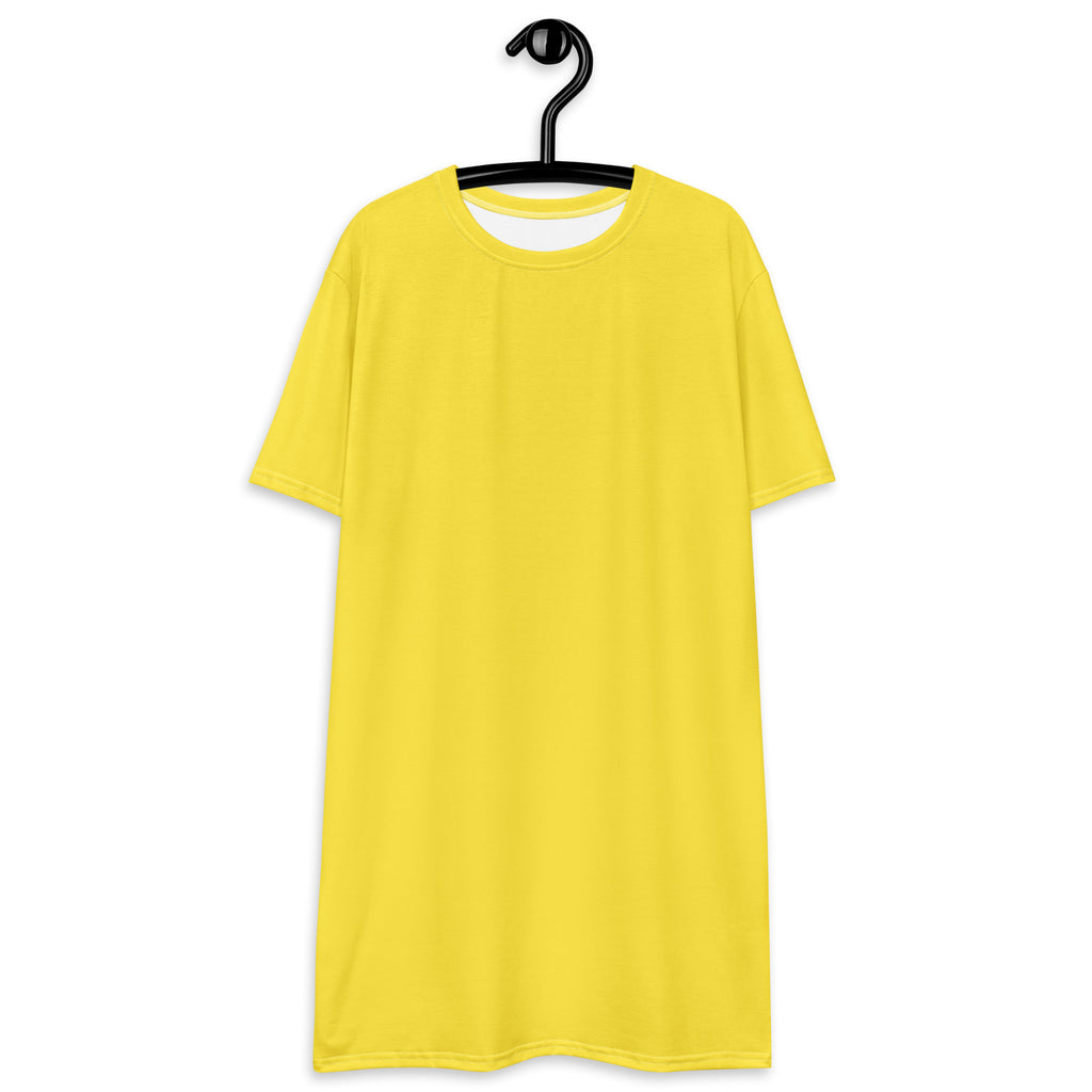 Women’s yellow t-shirt dress with bright color, short sleeves, white inner lining, and simple crew neckline