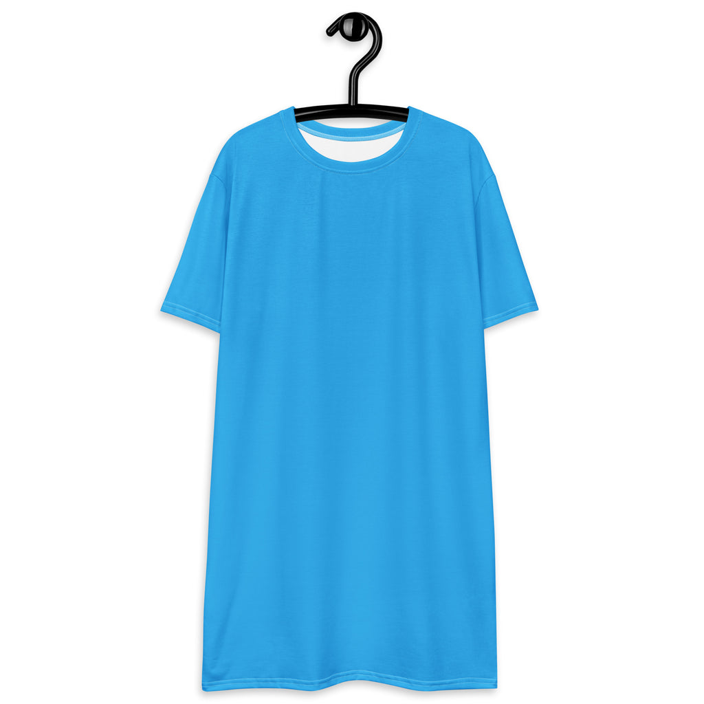 Women’s sky blue t-shirt dress with bright blue short sleeves white inner lining and crew neck design