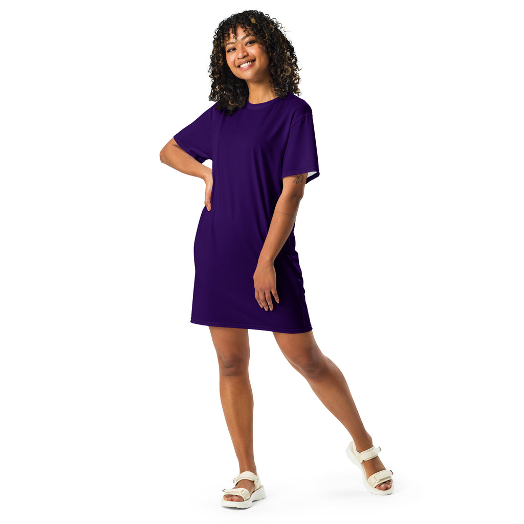 Women’s dark purple t-shirt dress featuring a vibrant color, short sleeves, relaxed fit, and rounded neckline