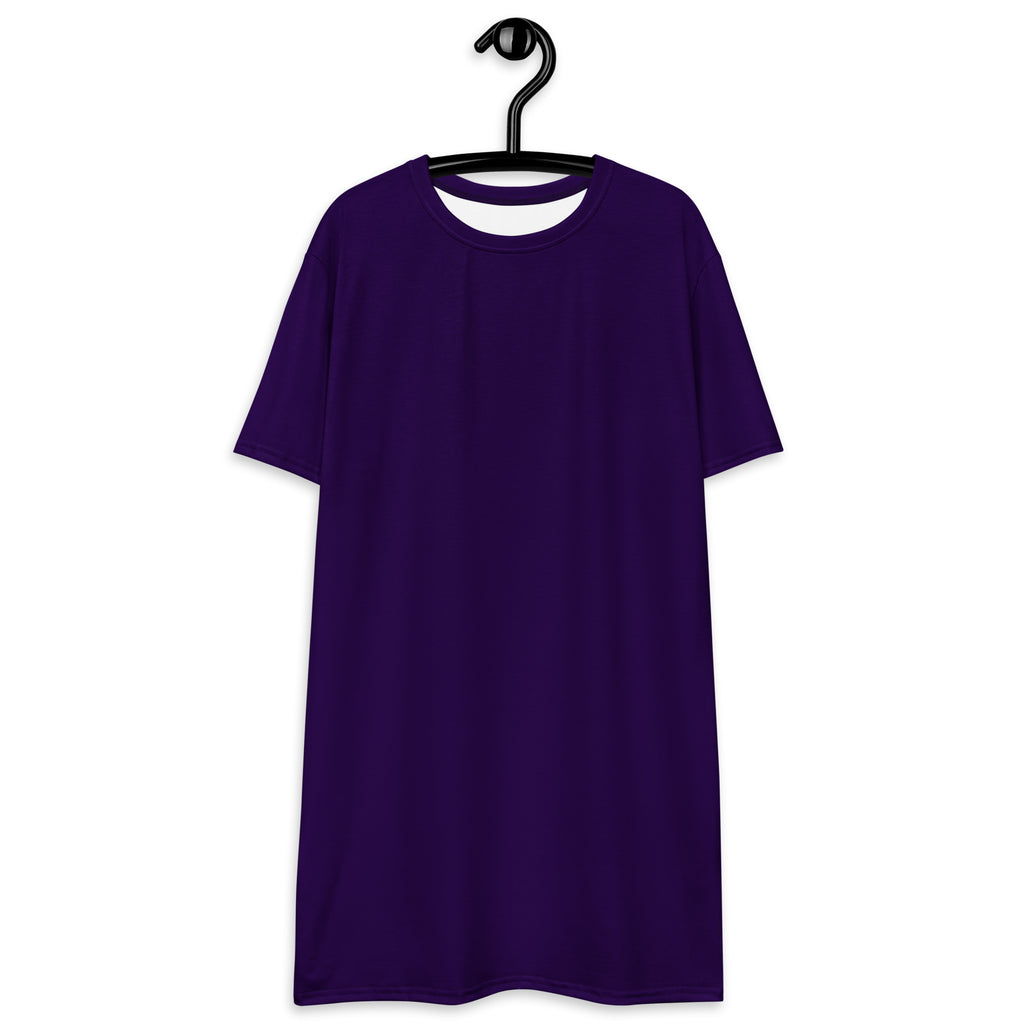 Womens dark purple t-shirt dress with short sleeves round neckline and white inner lining in soft fabric