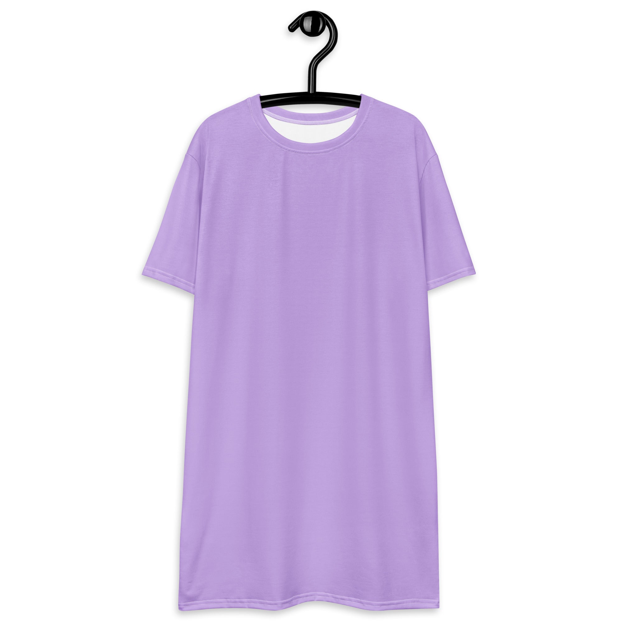 A soft lavender purple short-sleeved t-shirt dress with a simple crew neck design for women