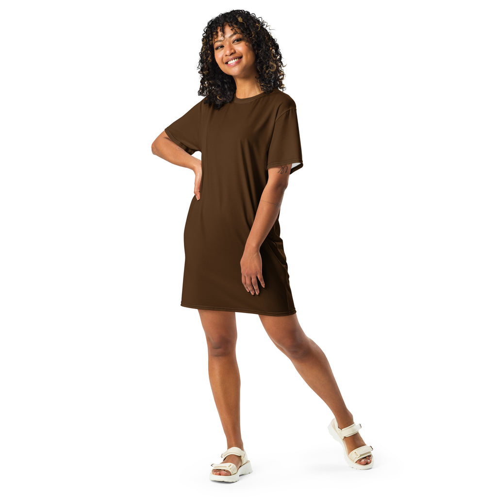 A women’s brown t-shirt dress with short sleeves, relaxed fit, and simple design made from soft fabric