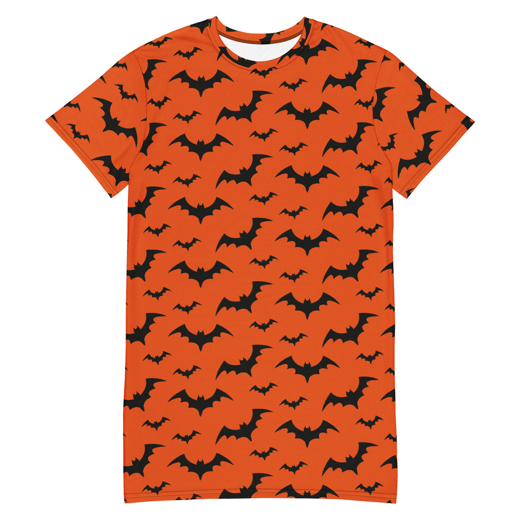 Women’s orange short-sleeved t-shirt dress with black bat pattern perfect for halloween wear