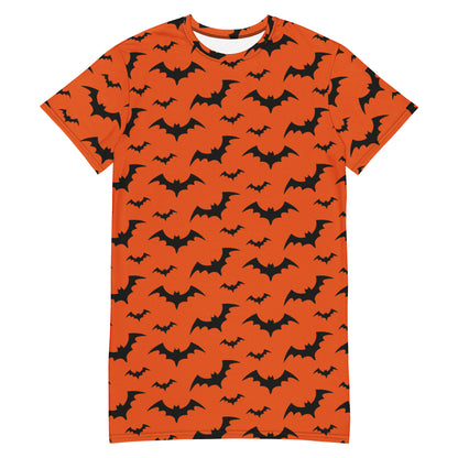 Women's Orange Bats Halloween T-Shirt Dress