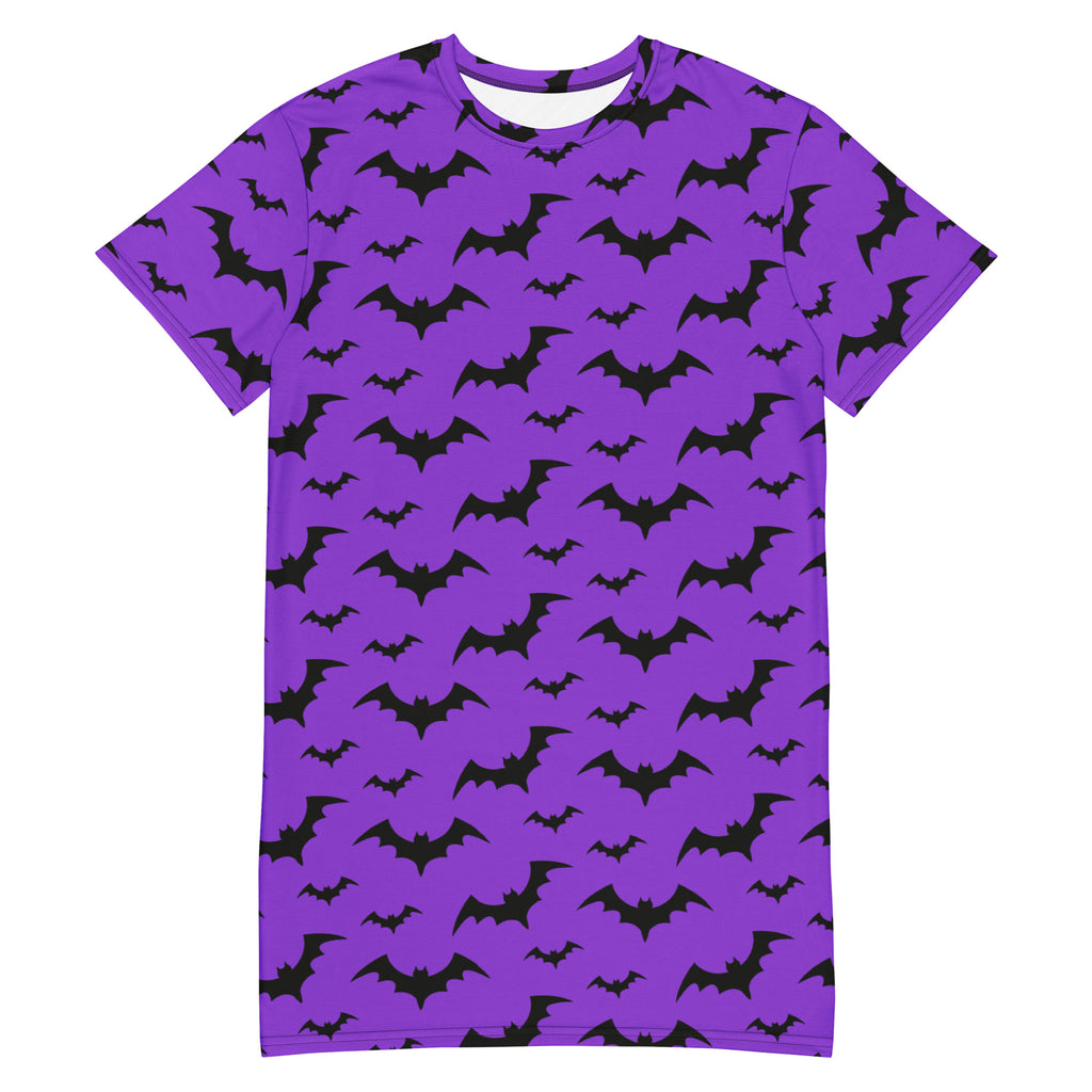 Women’s purple short-sleeved t-shirt dress with black bat pattern perfect for halloween festive wear