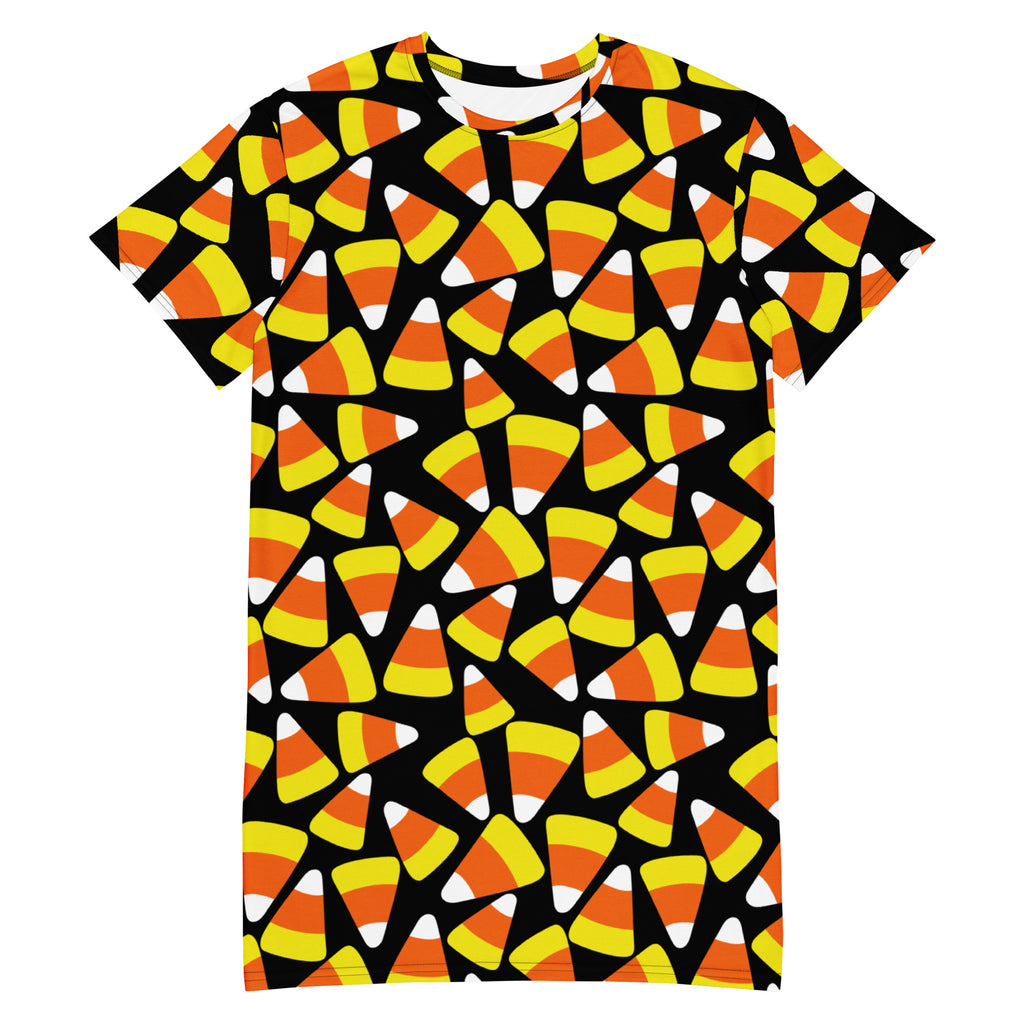Women’s black short-sleeved t-shirt dress with vibrant all-over candy corn print in orange yellow and white for halloween