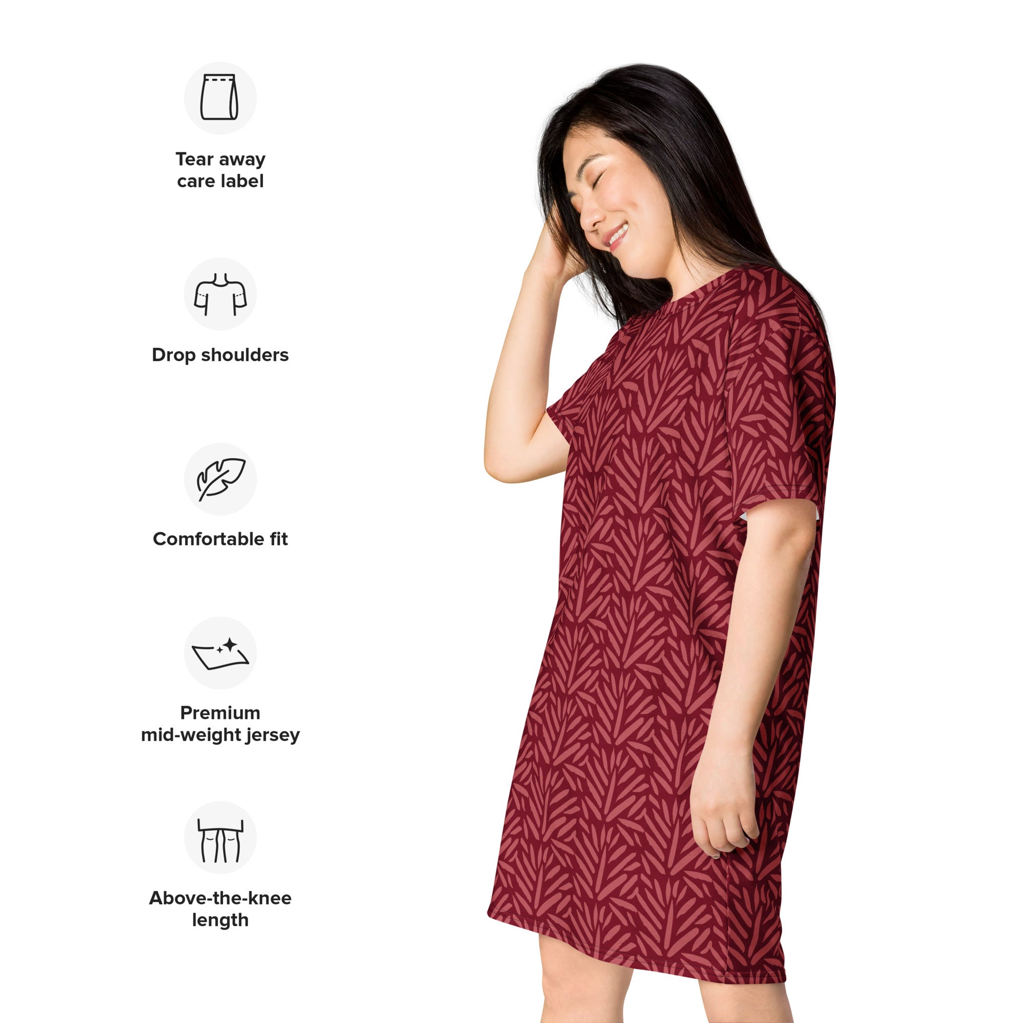 Women’s maroon leaf pattern t-shirt dress made from premium mid-weight jersey fabric with subtle leaf design