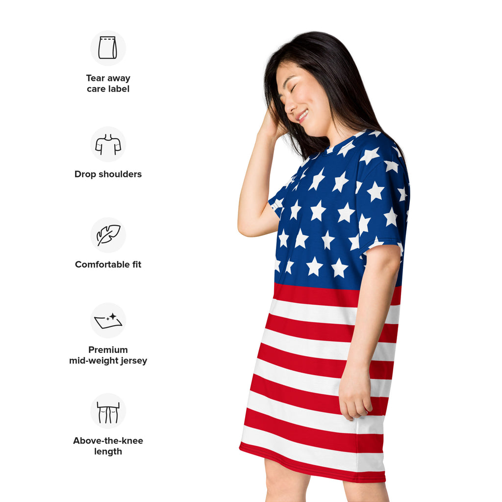 Women’s american flag t-shirt dress in premium mid-weight jersey with drop shoulders and above-the-knee length