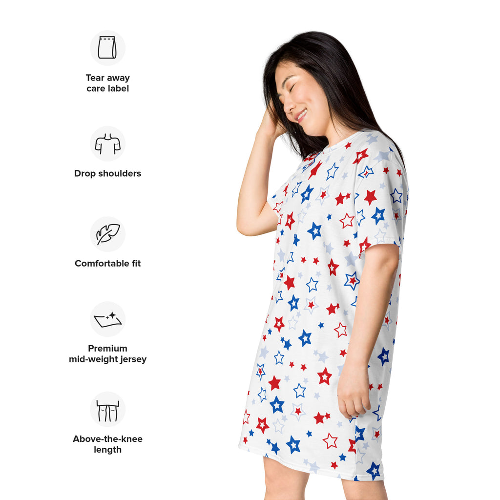 White nightgown with red blue and silver stars on premium mid-weight jersey fabric in a women’s star pattern t-shirt dress