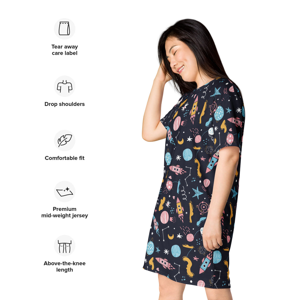 A black women’s outer space t-shirt dress featuring colorful rocket planet and star patterns in a space theme