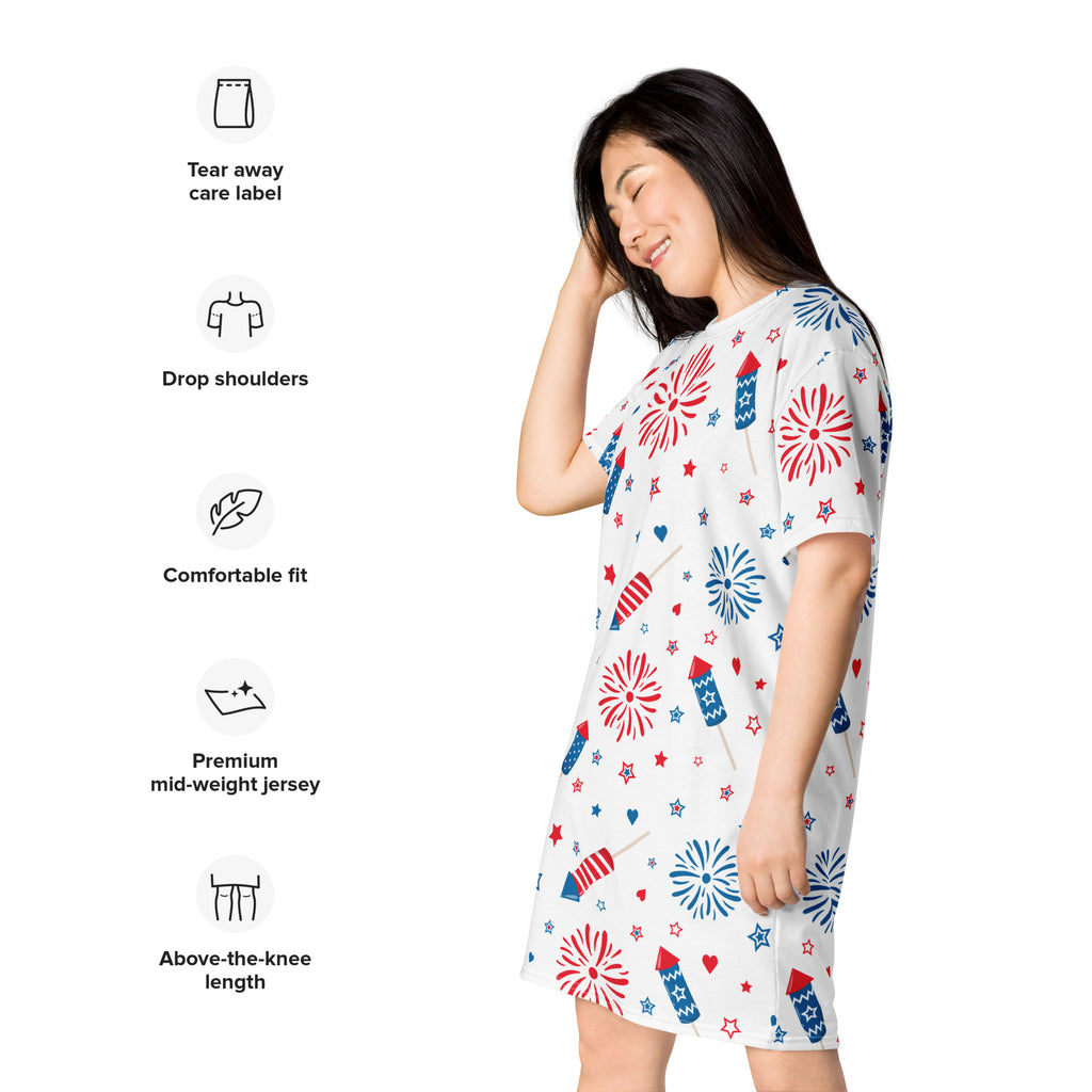 White women’s patriotic fireworks t-shirt dress with red and blue prints on premium mid-weight jersey fabric