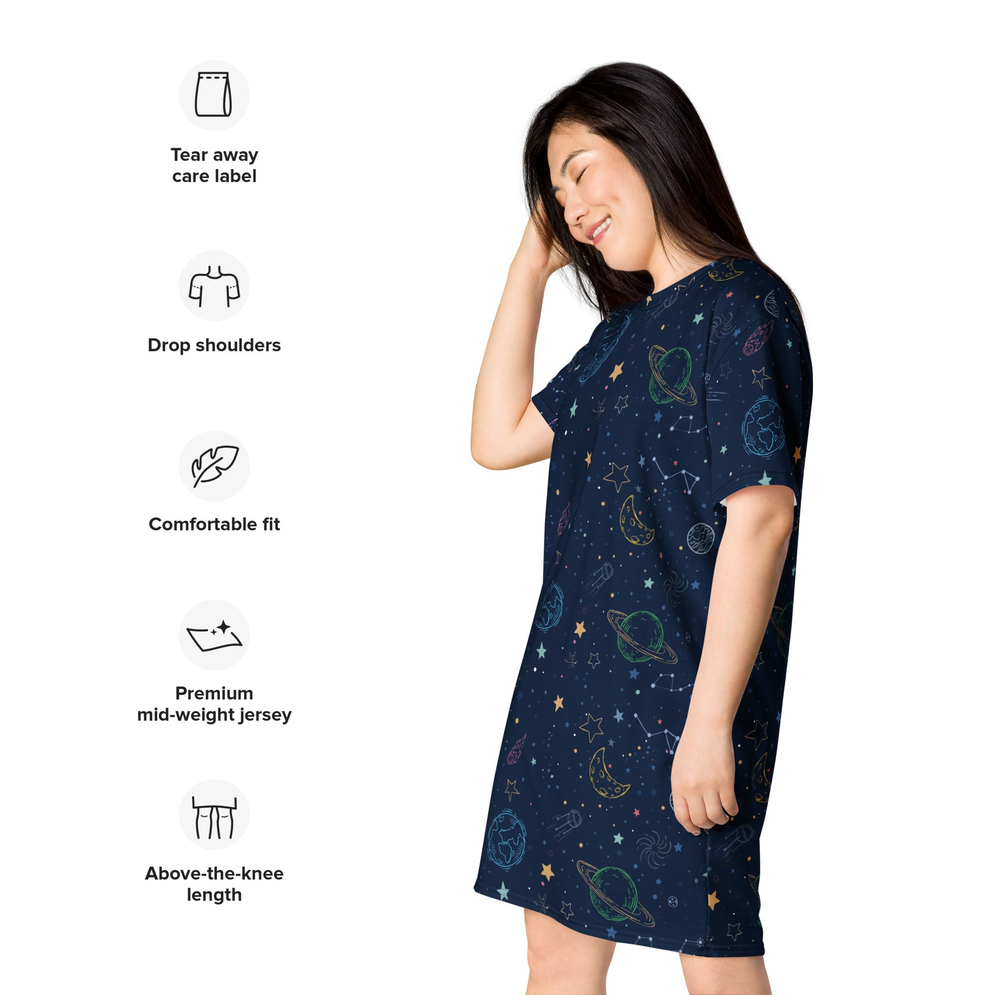 A navy blue women’s colorful galaxy space t-shirt dress with playful pastel planets stars and constellations print
