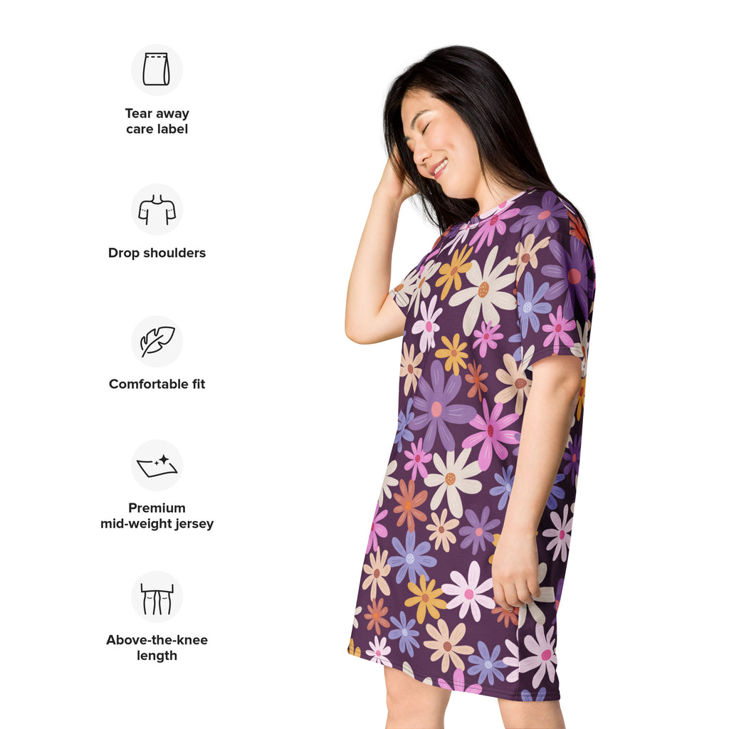 Women’s retro floral t-shirt dress in vibrant purple with premium mid-weight jersey, drop shoulders, and above-knee length