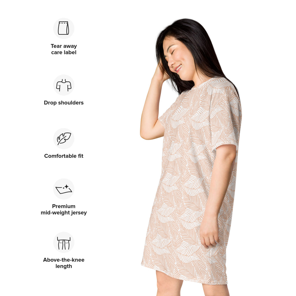 A women’s beige palm leaf t-shirt dress made from soft premium mid-weight jersey with a subtle leaf pattern