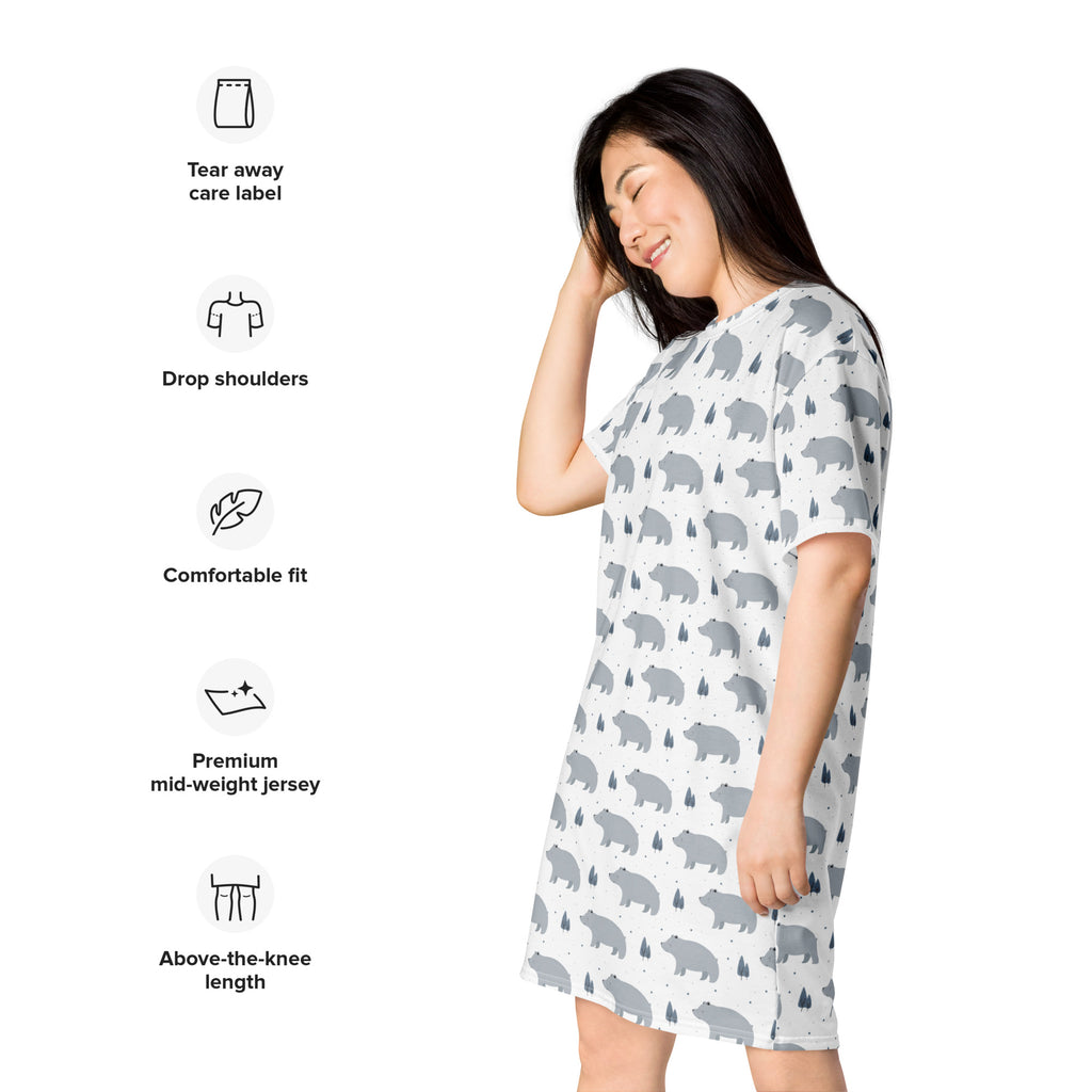 White women’s bear print t-shirt dress with gray bear and tree pattern made from premium mid-weight jersey fabric