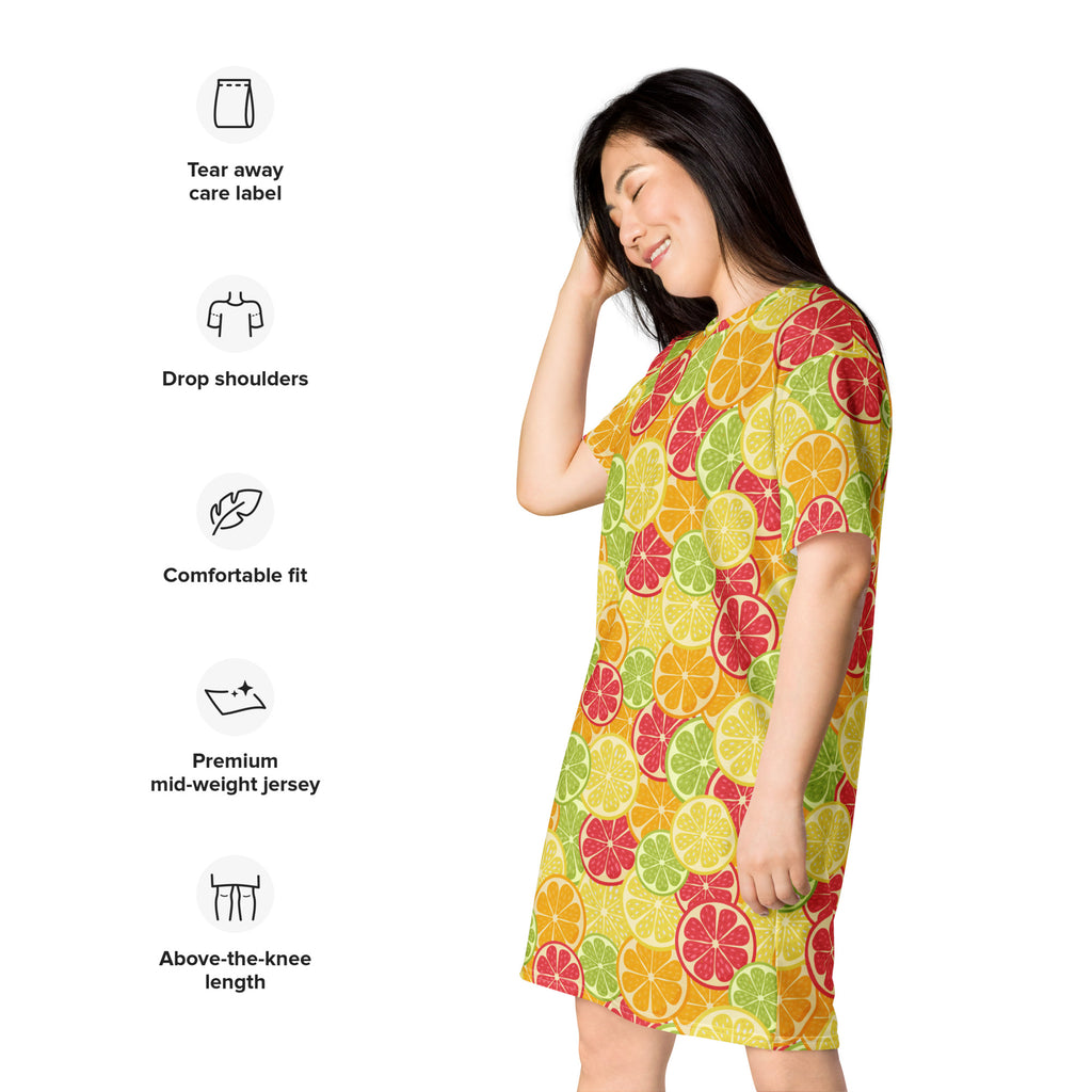 Women’s citrus fruit t-shirt dress with vibrant yellow green and red citrus slice print in premium mid-weight jersey fabric